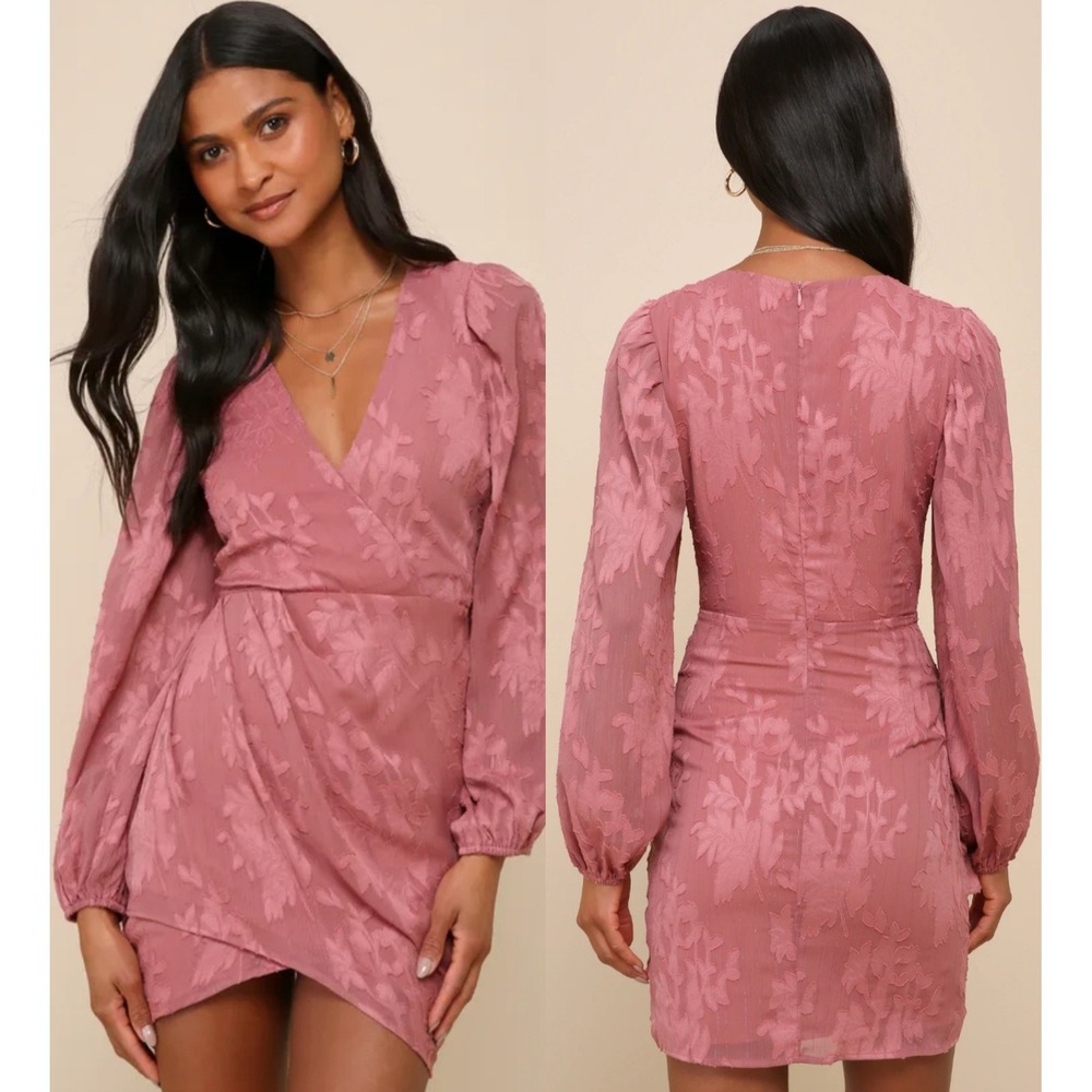 Lulus Pink Floral Textured Mini Dress Long Sleeve V Neck Party Dress M